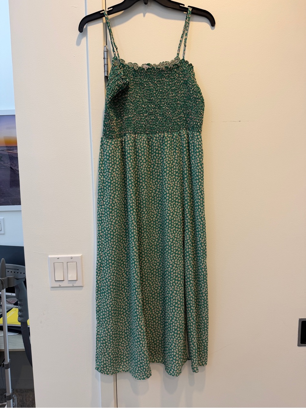 RESA Green Smocked Floral Midi Dress with Spaghetti Straps